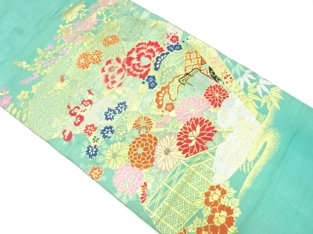 JAPANESE KIMONO / ANTIQUE NAGOYA OBI / SILK / WOVEN FOLDING FAN & FLOWERS & CARRIAGE